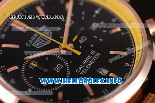 Tag Heuer Carrera Calibre 18 Miyota Quartz Rose Gold Case with Black Dial Stick Markers and Yellow/Black Nylon Strap - Yellow Inner Bezel - Click Image to Close